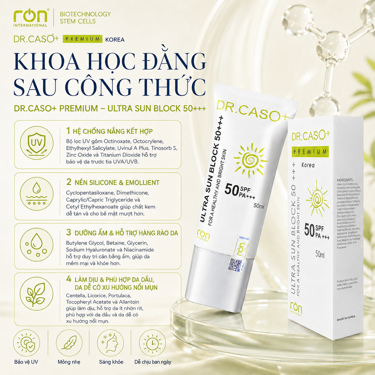 Dr.Caso+ Premium Ultra sun block SPF 50+ PA+++50ml/Kem chống nắng SPF 50+ Pa+++